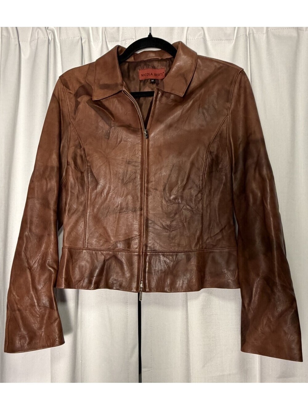 Vintage 90s Nicola Berti Brown Marbled Italian Leather Collared Jacket Medium